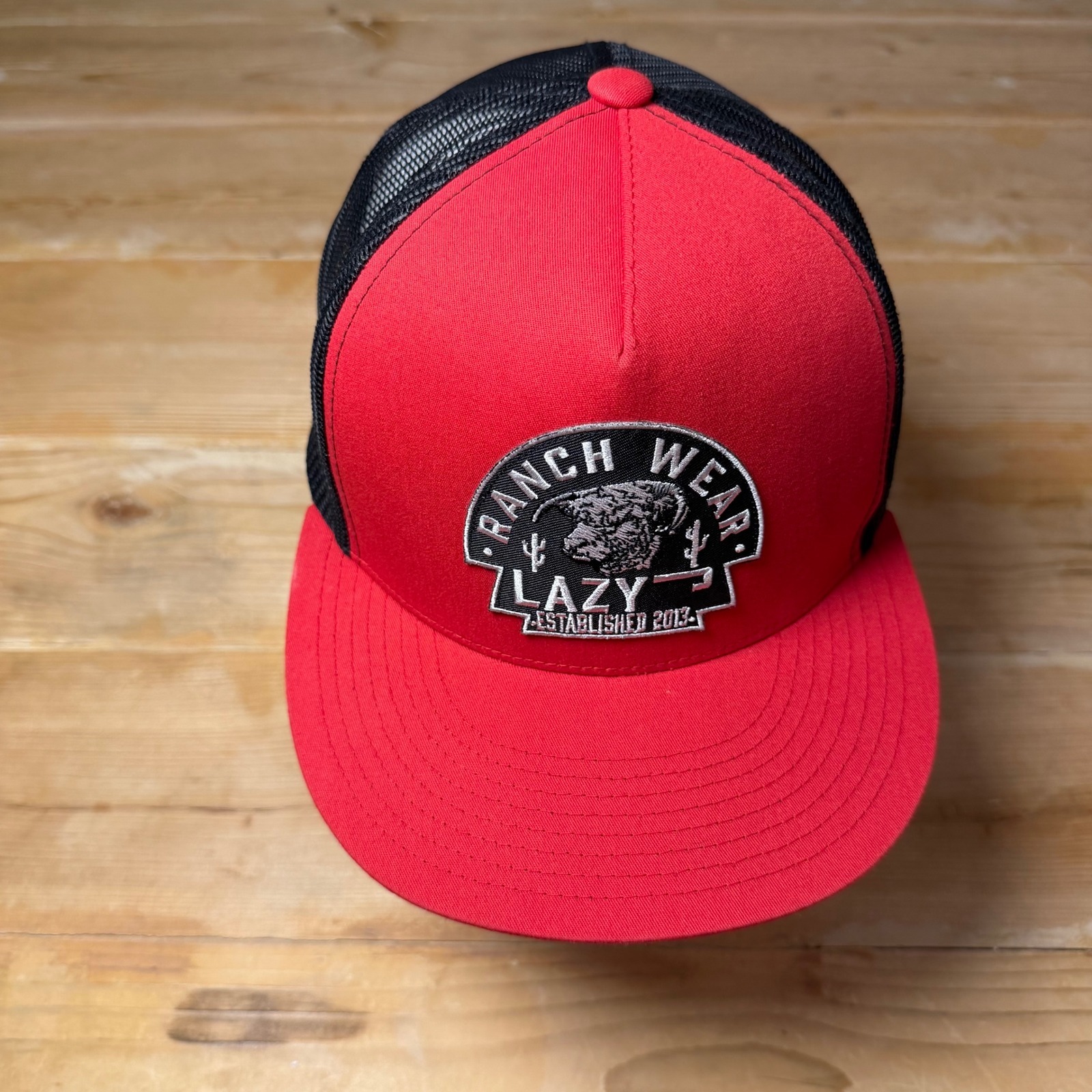 New Lazy J Ranch Wear Trucker Hat Red Black Snapback Yupoong Classics